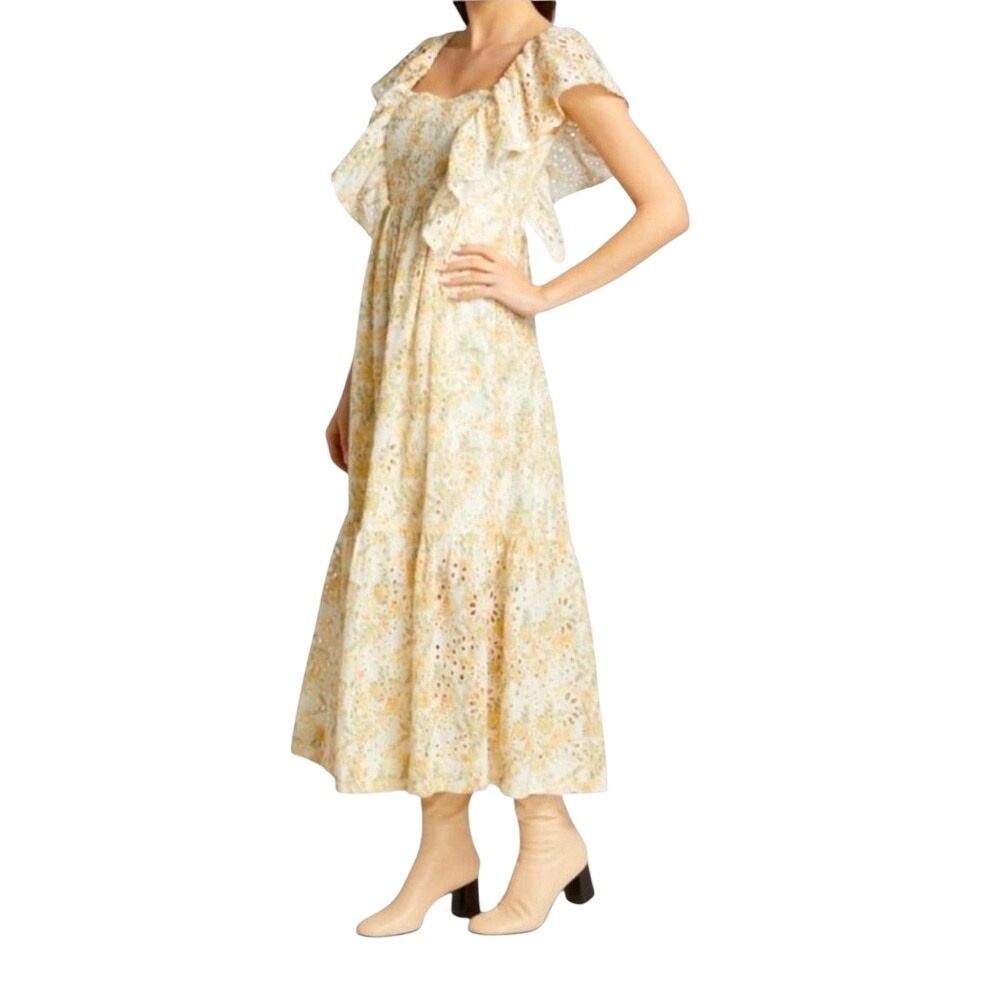 EN SAISON Eyelet Flutter Sleeve Midi-Dress yellow floral detail, Size Small